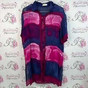 Gottex long shirt or mini dress abstract Pink and Blue Sheer Button-Up cover up